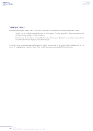 180 Unédic
L’ASSURANCE CHÔMAGE - Dossier de référence de la négociation - Février 2016
OBSERVATIONS
Il convient de souligner que les effets d’une modification des conditions d’affiliation sont cependant limités :
•	 Dans le cas de conditions plus sélectives, les demandeurs d’emploi peuvent les réunir un peu plus tard
qu’aujourd’hui et accéder à l’indemnisation ;
•	 Dans le cas de conditions moins sélectives, les demandeurs d’emploi qui accèdent aujourd’hui à
l’indemnisation ne voient pas leur situation changer.
Par ailleurs, pour les allocataires, une fois un droit ouvert, la possibilité de recharger le droit dès l’atteinte de 150
heures de travail atténue encore les effets d’une modification des conditions d’affiliation initiales.
SENSIBILITÉ
DES PARAMÈTRES
Retour
au sommaire
 
