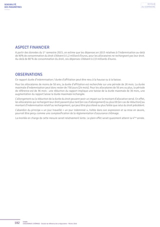 182 Unédic
L’ASSURANCE CHÔMAGE - Dossier de référence de la négociation - Février 2016
ASPECT FINANCIER
A partir des données du 1er
semestre 2015, on estime que les dépenses en 2015 relatives à l’indemnisation au-delà
de 90% de consommation du droit s’élèvent à 1,2 milliard d’euros, pour les allocataires ne rechargeant pas leur droit.
Au-delà de 80 % de consommation du droit, ces dépenses s’élèvent à 2,9 milliards d’euros.
OBSERVATIONS
Ce rapport durée d’indemnisation / durée d’affiliation peut être revu à la hausse ou à la baisse.
Pour les allocataires de moins de 50 ans, la durée d’affiliation est recherchée sur une période de 28 mois. La durée
maximale d’indemnisation peut donc rester de 730 jours (24 mois). Pour les allocataires de 50 ans ou plus, la période
de référence est de 36 mois : une réduction du rapport implique une baisse de la durée maximale de 36 mois, une
augmentation du rapport laisse la durée maximale inchangée.
L’allongement ou la réduction de la durée du droit peuvent avoir un impact sur le montant d’allocation versé. En effet,
les allocataires qui rechargent leur droit passent plus tard (en cas d’allongement) ou plus tôt (en cas de réduction) au
montant d’indemnisation relatif au rechargement, qui peut être plus élevé ou plus faible que celui du droit précédent.
L’abandon du principe « un jour travaillé = un jour indemnisé », lisible dans son expression et sa mise en œuvre,
pourrait être perçu comme une complexification de la réglementation d’assurance chômage.
La montée en charge de cette mesure serait relativement lente. Le plein effet serait quasiment atteint la 4ème
année.
SENSIBILITÉ
DES PARAMÈTRES
Retour
au sommaire
 