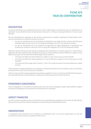 195
Fiche n°9
Taux de contribution
DESCRIPTION
Le taux de contribution est actuellement fixé à 6,4 % de la rémunération brute (12,8 % pour les intermittents du
spectacle). Le taux de droit commun se décompose en deux parts : 4,0 % pour la part patronale et 2,4 % pour la part
salariale.
Pour les intermittents du spectacle, et afin de tenir compte de leurs conditions spécifiques d’indemnisation, deux
taux de contributions se cumulent à hauteur de 12,8 % :
•	 Un taux de contribution de 6,4 % résultant de l’application des règles de droit commun de l’assurance
chômage, réparti à raison de 4,0 % à la charge des employeurs et 2,4 % à la charge des salariés.
•	 Un taux de contribution de 6,4 % résultant de l’application de règles dérogatoires et spécifiques aux
Annexes 8 et 10 réparti à raison de 4 % à la charge des employeurs et 2,4 % à la charge des salariés.
L’ANI du 11 janvier 2013 pose le principe de la modulation des contributions. Il entraîne, depuis le 1er
juillet 2013 la
majoration de la part patronale des contributions dues pour certains CDD d’une durée inférieure ou égale à 3 mois
(CDD conclus pour surcroît d’activité et CDD d’usage). Elle est portée à :
•	 7,0 % pour les CDD d’une durée inférieure ou égale à 1 mois conclus pour surcroît d’activité ;
•	 5,5 % pour les CDD d’une durée supérieure à 1 mois et inférieure ou égale à 3 mois conclus pour surcroît
d’activité ;
•	 4,5 % pour les CDD d’usage visés à l’article L. 1242-2 3° du code du travail d’une durée inférieure ou égale
à 3 mois.
Cette majoration s’applique également aux employeurs visés par les Annexes 8 et 10 ; toutefois, seule la contribution
de droit commun est à ce jour soumise à la majoration.
L’ANI du 11 janvier 2013 entraîne également l’exonération pendant 3 à 4 mois, en fonction de l’effectif de l’entreprise,
de la part patronale des contributions pour l’embauche en CDI de personnes de moins de 26 ans.
PERSONNES CONCERNÉES
Tous les employeurs et les salariés du secteur privé, ainsi que tous les employeurs publics ayant adhéré au régime
d’assurance chômage pour leur personnel non fonctionnaire non statutaire.
ASPECT FINANCIER
En 2015, la masse salariale soumise à contribution, hors intermittents du spectacle, est de l’ordre de 500 milliards
d’euros. Ainsi 0,1 point de cotisation représente un montant d’environ 500 millions d’euros.
OBSERVATIONS
La modulation des contributions est à prendre en considération dans le cas d’une augmentation du taux des
contributions de droit commun, actuellement fixé à 6,4 %.
SENSIBILITÉ
DES PARAMÈTRES
Retour
au sommaire
 