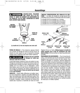 DM 2610925743 02-05               2/7/05         9:34 AM          Page 32




                                                           Assemblage
                          ASSUREZ-VOUS TOUJOURS
     ! AVERTISSEMENT      QUE L’OUTIL EST À LA PO-
                                                                        TABLEAU D’IDENTIFICATION DES DOUILLES DE SER-
                                                                        RAGE — Les tailles des douilles de serrage peuvent être
    SITION “0” AVANT DE CHANGER LES ACCESSOIRES OU                      identifiées par les anneaux à l’extrémité arrière de la douille.
    LES DOUILLES, OU DE FAIRE L’ENTRETIEN DE VOTRE
    OUTIL ROTATIF SANS CORDON.                                          La douille de 0,8 mm possède un (1) anneau.
                                                                        La douille de 1,6 mm possède deux (2) anneaux.
                                                                        La douille de 2,4 mm possède trois (3) anneaux.
                                                                        La douille de 3,2 mm ne possède aucun anneau.
      BOUTON
    DE BLOCAGE
    DE L’ARBRE



                                                     ÉCROU DE             DOUILLE 480                                ANNEAUX
                                                      DOUILLE               3,2 mm                               D’IDENTIFICATION


           POUR                                    POUR
         DESSERRER                                SERRER
                                                                         ÉCROU
                               DOUILLE                                     DE
                                                                        DOUILLE
       (La douille de 3,2 mm est comprise avec votre outil                          DOUILLE 481       DOUILLE 482        DOUILLE 483
                                                                                      2,4 mm            1,6 mm             0,8 mm

    ÉCROU DE DOUILLE — Pour desserrer, appuyez d’abord                  Replacez l’écrou sur l’arbre. Utilisez toujours la douille de
    sur le bouton de blocage de l’arbre et tournez l’écrou de           même grosseur que la tige de l’accessoire que vous
    douille à la main jusqu’à ce que le dispositif de blocage           désirez utiliser. Ne forcez jamais une tige trop grosse pour
    engage l’arbre, empêchant ainsi toute rotation ultérieure.          la douille.
                                    N’appuyez pas sur la goupille       ÉQUILIBRAGE DES ACCESSOIRES — Pour le travail de pré-
      ! MISE EN GARDE               de blocage de l’arbre pen-          cision, il est important que tous les accessoires soient bien
    dant que l’outil est en marche.                                     équilibrés (tout comme les pneus de votre voiture). Pour
                                                                        rectifier ou équilibrer un accessoire, desserrez légèrement
    L’arbre étant bloqué, desserrez l’écrou de douille à la main.
                                                                        l’écrou de la douille, et tournez l’accessoire ou la douille d’un
    Changez les accessoires en insérant le nouveau le plus loin
                                                                        quart de tour. Resserrez l’écrou de la douille et mettez l’outil
    possible dans la douille de serrage, réduisant ainsi les pos-
                                                                        rotatif sans cordon en marche. Le son qui se fait entendre et
    sibilités qu’il ne se libère ou ne se déséquilibre. L’arbre
                                                                        le maniement de l’outil devraient vous indiquer si l’acces-
    étant bloqué, serrez à la main l’écrou de douille jusqu’à ce
                                                                        soire est bien équilibré. Continuez l’ajustement de cette
    que la tige de l’accessoire soit retenue solidement par la
                                                                        façon jusqu’à ce que vous obteniez le meilleur équilibre.
    douille. Évitez de serrer l'écrou de douille trop fort quand
                                                                        Pour maintenir l’équilibre des pointes de meule abrasive,
    il n'y a pas d'embout.
                                                                        avant chaque usage, alors que la pointe de roue est retenue
    DOUILLES — Quatre tailles différentes de douilles (repor-           fermement dans la douille, mettez l’outil rotatif sans cordon
    tez-vous à l’illustration), adaptées à des tailles différentes de   en marche et tenez la pierre à rectifier 415 légèrement
    tiges, sont offertes pour votre outil rotatif sans cordon. Pour     appuyée sur la pointe de la meule en rotation. Ceci a pour
    poser une autre douille, retirez l’écrou de la douille ainsi que    effet d’éliminer les points élevés tout en rectifiant la pointe
    la douille à remplacer. Insérez l’extrémité non fendue de la        de meule pour un meilleur équilibre.
    douille dans l’ouverture à l’extrémité de l’arbre de l’outil.
                                                                  Page 32
 