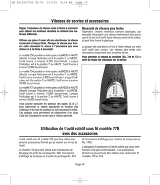 DM 2610925743 02-05             2/7/05        9:34 AM         Page 35




                                     Vitesses de service et accessoires
    Réglez l’indicateur de vitesse selon la tâche à accomplir       Nécessité de vitesses plus lentes
    pour obtenir les meilleurs résultats en utilisant des ma-       Cependant, certains matériaux (certains plastiques, par
    tériaux différents.                                             exemple) nécessitent une vitesse relativement lente parce
                                                                    que la friction de l’outil à haute vitesse produit de la chaleur
    Utilisez une pièce d’essai afin de sélectionner la vitesse      et peut faire fondre le plastique.
    convenant à chaque tâche. Changez la vitesse pour trou-
    ver celle convenant le mieux à l’accessoire que vous            La plupart des opérations se font à haute vitesse sur votre
    utilisez et à la tâche à accomplir.                             outil rotatif sans cordon. Les vitesses plus lentes sont
                                                                    nécessaires uniquement pour certaines tâches.
    Le modèle 750 possède un interrupteur de BASSE et HAUTE
                                                                    Pour contrôler la vitesse du modèles 750, 754 et 770 il
    vélocité. Lorsque l’indicateur est à la position 1 ou BASSE,
                                                                    suffit de régler cet indicateur sur le boîtier.
    l’outil tourne à environ 6,500 tours/minute. Lorsque
    l’indicateur est à la position 2 ou HAUTE, l’outil tourne à
    environ 13,000 tours/minute.
    Le modèle 754 possède un interrupteur de BASSE et HAUTE
    vélocité. Lorsque l’indicateur est à la position 1 ou BASSE,
    l’outil tourne à environ 5 000 tours/minute. Lorsque l’indi-
    cateur est à la position 2 ou HAUTE, l’outil tourne à environ
    10 000 tours/minute.
    Le modèle 770 possède un interrupteur de BASSE et HAUTE
    vélocité. Lorsque l’indicateur est à la position 1 ou BASSE,
    l’outil tourne à environ 10,000 tours/minute. Lorsque
    l’indicateur est à la position 2 ou HAUTE, l’outil tourne à
    environ 20,000 tours/minute.
    Vous pouvez consulter les tableaux des pages 36 et 37
    pour déterminer la vitesse appropriée en fonction des
    matériaux et du type de couteau ou autre accessoire utilisé.
    Ces tableaux vous permettent de sélectionner d’un coup
    d’œil tant l’accessoire correct que la vitesse optimale.




                          Utilisation de l’outil rotatif sans fil modèle 770
                                       avec des accessoires
    L’outil rotatif sans fil modèle 770 peut être utilisé avec      et l’accessoire d’affûtage pour chaînes de tronçonneuse
    certains accessoires Dremel qui se vissent sur le nez de        No. 1453.
    l’outil.                                                        L’utilisation d’accessoires Dremel autres que ceux men-
    Le modèle 770 peut être utilisé avec l’accessoire de            tionnés n’est pas recommandée. Les accessoires
    décapage de joints de carrelage No. 568, l’accessoire           Dremel ne peuvent pas être utilisés avec l’outil sans fil
    d’affûtage de tondeuse et d’outils de jardinage No. 675         modèles 750 et 754.


                                                              Page 35
 