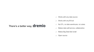 ✓ Works with any data source
✓ Works with any BI tool
✓ No ETL, no data warehouse, no cubes
✓ Makes data self-service, collaborative
✓ Makes Big Data feel small
✓ Open source
There’s a better way,
 