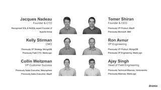 Tomer Shiran
Founder & CEO
Previously VP Product, MapR
Previously Microsoft; IBM
Jacques Nadeau
Founder & CTO
Recognized SQL & NoSQL expert Founder of
Apache Arrow
Kelly Stirman
CMO
Previously VP Strategy, MongoDB
Previously Field CTO, MarkLogic
Ajay Singh
Head of Field Engineering
Previously Technical Alliances, Hortonworks
Previously Alliances, MarkLogic
Ron Avnur
VP Engineering
Previously VP Product, MongoDB
Previously VP Engineering, MarkLogic
Collin Weitzman
VP Customer Success
Previously Sales Executive, Mesosphere
Previously Sales Executive, MapR
 