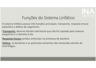 Funções do Sistema Linfático
Funções do Sistema Linfático
Funções do Sistema Linfático
Funções do Sistema Linfático
O sistema linfático possui três funções principais: transporte, resposta imune
específica e defesa do organismo.
Transporte: absorve líquido intersticial que não foi captado pelo sistema
sanguíneo e o devolve a ele.
Resposta imune: produz anticorpo na presença de bactéria
Defesa: as bactérias e as partículas estranhas são removidas através de
macrófagos.
 