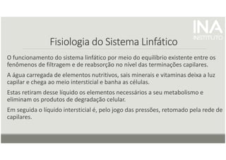 Fisiologia do Sistema Linfático
Fisiologia do Sistema Linfático
Fisiologia do Sistema Linfático
Fisiologia do Sistema Linfático
O funcionamento do sistema linfático por meio do equilíbrio existente entre os
fenômenos de filtragem e de reabsorção no nível das terminações capilares.
A água carregada de elementos nutritivos, sais minerais e vitaminas deixa a luz
capilar e chega ao meio intersticial e banha as células.
Estas retiram desse líquido os elementos necessários a seu metabolismo e
eliminam os produtos de degradação celular.
Em seguida o líquido intersticial é, pelo jogo das pressões, retomado pela rede de
capilares.
 