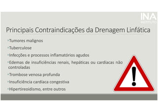 Principais
Principais
Principais
Principais Contraindicações
Contraindicações
Contraindicações
Contraindicações da Drenagem Linfática
da Drenagem Linfática
da Drenagem Linfática
da Drenagem Linfática
Tumores malignos
Tuberculose
Infecções e processos inflamatórios agudos
Edemas de insuficiências renais, hepáticas ou cardíacas não
controladas
Trombose venosa profunda
Insuficiência cardíaca congestiva
Hipertireoidismo, entre outros
 