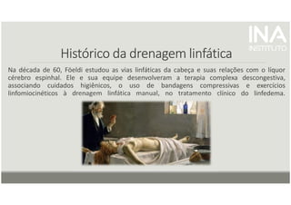 Histórico da drenagem linfática
Histórico da drenagem linfática
Histórico da drenagem linfática
Histórico da drenagem linfática
Na década de 60, Föeldi estudou as vias linfáticas da cabeça e suas relações com o líquor
cérebro espinhal. Ele e sua equipe desenvolveram a terapia complexa descongestiva,
associando cuidados higiênicos, o uso de bandagens compressivas e exercícios
linfomiocinéticos à drenagem linfática manual, no tratamento clínico do linfedema.
 