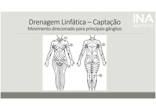 Drenagem
Drenagem
Drenagem
Drenagem Linfática
Linfática
Linfática
Linfática –
–
–
– Captação
Captação
Captação
Captação
Movimento direcionado para principais gânglios
Movimento direcionado para principais gânglios
Movimento direcionado para principais gânglios
Movimento direcionado para principais gânglios
 