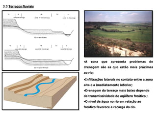 3.3 Terraços fluviais
•A zona que apresenta problemas de
drenagem são as que estão mais próximas
ao rio;
•Infiltrações laterais no contato entre a zona
alta e a imediatamente inferior;
•Drenagem do terraço mais baixo depende
da transmissividade do aqüífero freático ;
•O nível de água no rio em relação ao
freático favorece a recarga do rio.
 
