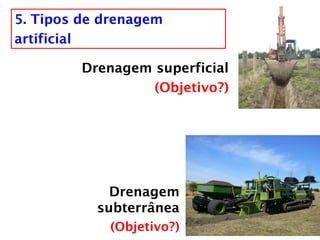 5. Tipos de drenagem
artificial
Drenagem superficial
(Objetivo?)
Drenagem
subterrânea
(Objetivo?)
 