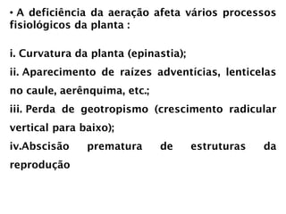 • A deficiência da aeração afeta vários processos
fisiológicos da planta :
i. Curvatura da planta (epinastia);
ii. Aparecimento de raízes adventícias, lenticelas
no caule, aerênquima, etc.;
iii. Perda de geotropismo (crescimento radicular
vertical para baixo);
iv.Abscisão prematura de estruturas da
reprodução
 