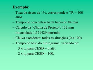 Exemplo:
– Taxa de risco: de 1%, corresponde o TR = 100
  anos
– Tempo de concentração da bacia de 84 min
– Cálculo da “Chuva de Projeto”: 132 mm
– Intensidade 1,571429 mm/min
– Chuva excedente: todas as situações (0 a 100)
– Tempo de base do hidrograma, variando de:
    3 x tc, para CESD = 0 até;
    2 x tc, para CESD = 100.
 