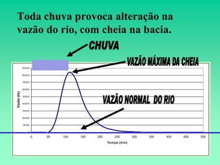 Toda chuva provoca alteração na
vazão do rio, com cheia na bacia.


              90000


              80000


              70000


              60000
Vazão (l/s)




              50000


              40000


              30000


              20000


              10000


                  0

                      0   50   100   150   200       250         300   350   400   450   500
                                                 Tem po (m in)
 