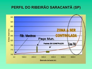 PERFIL DO RIBEIRÃO SARACANTÃ (SP)

                   945

                   920

                   895
Cotas nível (m )




                   870

                   845

                   820

                   795

                   770

                   745
                         0.0   1000.0   2000.0    3000.0       4000.0    5000.0   6000.0
                                                 Extensão da bacia (m)
 