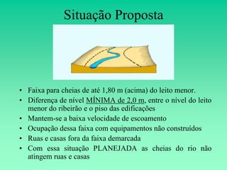 Situação Proposta




• Faixa para cheias de até 1,80 m (acima) do leito menor.
• Diferença de nível MÍNIMA de 2,0 m, entre o nível do leito
  menor do ribeirão e o piso das edificações
• Mantem-se a baixa velocidade de escoamento
• Ocupação dessa faixa com equipamentos não construídos
• Ruas e casas fora da faixa demarcada
• Com essa situação PLANEJADA as cheias do rio não
  atingem ruas e casas
 