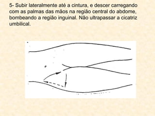 5- Subir lateralmente até a cintura, e descer carregando
com as palmas das mãos na região central do abdome,
bombeando a região inguinal. Não ultrapassar a cicatriz
umbilical.
 