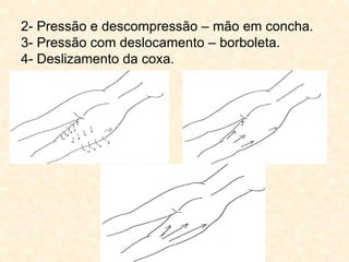 2- Pressão e descompressão – mão em concha.
3- Pressão com deslocamento – borboleta.
4- Deslizamento da coxa.
 