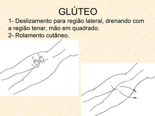 GLÚTEO
1- Deslizamento para região lateral, drenando com
a região tenar, mão em quadrado.
2- Rolamento cutâneo.
 
