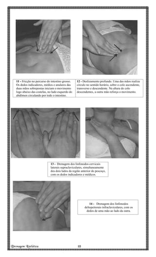 Drenagem Linfática 10101010
11 - Fricção no percurso do intestino grosso.
Os dedos indicadores, médios e anulares das
duas mãos sobrepostas iniciam o movimento
logo abaixo das costelas, no lado esquerdo do
abdômen circulando por todo o intestino.
12 - Deslizamento profundo. Uma das mãos realiza
circulo no sentido horário, sobre o colo ascendente,
transverso e descendente. Na altura do colo
descendentes, a outra mão reforça o movimento.
13 - Drenagem dos linfonodos cervicais
laterais supraclaviculares, simultaneamente
dos dois lados da região anterior do pescoço,
com os dedos indicadores e médicos.
14 - Drenagem dos linfonodos
deltopeitorais infraclaviculares, com os
dedos de uma mão ao lado da outra.
 