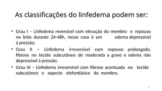 14
As classificações do linfedema podem ser:
• Grau I – Linfedema reversível com elevação do membro e repouso
no leito durante 24-48h, nesse caso é um edema depressível
à pressão;
• Grau II – Linfedema irreversível com repouso prolongado,
fibrose no tecido subcutâneo de moderada a grave e edema não
depressível à pressão;
• Grau III – Linfedema irreversível com fibrose acentuada no tecido
subcutâneo e aspecto elefantiásico do membro.
 