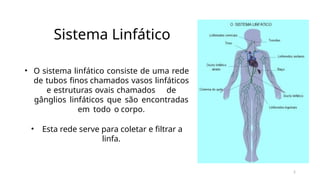 2
Sistema Linfático
• O sistema linfático consiste de uma rede
de tubos finos chamados vasos linfáticos
e estruturas ovais chamados de
gânglios linfáticos que são encontradas
em todo o corpo.
• Esta rede serve para coletar e filtrar a
linfa.
 