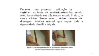 26
• Durante seu processo
de
validação, os
autores
seguiram as fases de avaliação cientifica, sendo
a técnica analisada nas três etapas: estudo In vitro, In
vivo e clínico. Sendo este o único método de
drenagem linfática manual que segue toda a
rigorosidade cientifica exigida.
 