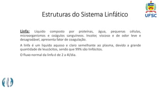 Estruturas do Sistema Linfático
Linfa: Líquido composto por proteínas, água, pequenas células,
microorganismos e coágulos sanguíneos. Incolor, viscoso e de odor leve e
desagradável, apresenta fator de coagulação.
A linfa é um liquido aquoso e claro semelhante ao plasma, devido a grande
quantidade de leucócitos, sendo que 99% são linfócitos.
O fluxo normal da linfa é de 2 a 4l/dia.
 