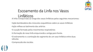 Escoamento da Linfa nos Vasos
Linfáticos
A linfa é empurrada ao longo dos vasos linfáticos pelos seguintes mecanismos:
Ação bombeadora dos músculos esqueléticos sobre os vasos linfáticos
Ação reflexa ao batimento das artérias
A sucção formada pelos movimentos respiratórios
A formação de nova linfa empurrando a antiga para frente.
O estiramento e a contração do segmento de um vaso linfático entre duas
válvulas
Compressão dos tecidos
 