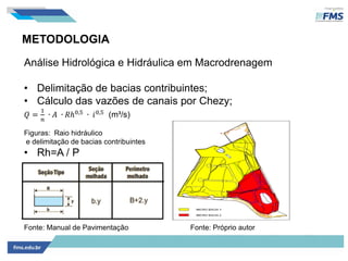 METODOLOGIA
Análise Hidrológica e Hidráulica em Macrodrenagem
• Delimitação de bacias contribuintes;
• Cálculo das vazões de canais por Chezy;
𝑄 =
1
𝑛
∙ 𝐴 ∙ 𝑅ℎ0,5
∙ 𝑖0,5
(m³/s)
Figuras: Raio hidráulico
e delimitação de bacias contribuintes
• Rh=A / P
Fonte: Manual de Pavimentação Fonte: Próprio autor
 