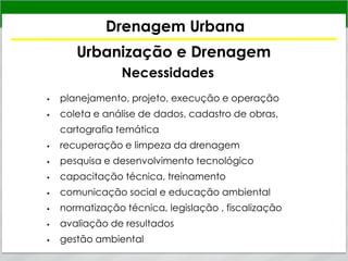Drenagem Urbana
Urbanização e Drenagem
Necessidades
 planejamento, projeto, execução e operação
 coleta e análise de dados, cadastro de obras,
cartografia temática
 recuperação e limpeza da drenagem
 pesquisa e desenvolvimento tecnológico
 capacitação técnica, treinamento
 comunicação social e educação ambiental
 normatização técnica, legislação , fiscalização
 avaliação de resultados
 gestão ambiental
 