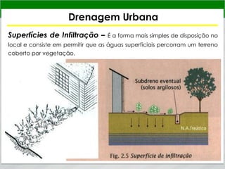 Drenagem Urbana
Superfícies de Infiltração – É a forma mais simples de disposição no
local e consiste em permitir que as águas superficiais percorram um terreno
coberto por vegetação.
 
