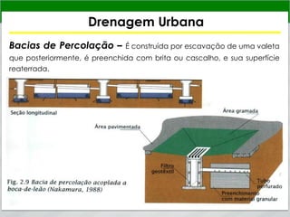 Drenagem Urbana
Bacias de Percolação – É construída por escavação de uma valeta
que posteriormente, é preenchida com brita ou cascalho, e sua superfície
reaterrada.
 