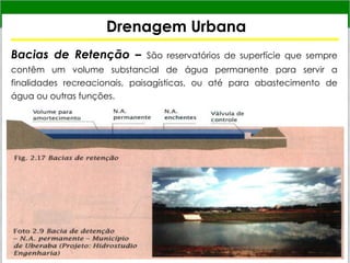 Drenagem Urbana
Bacias de Retenção – São reservatórios de superfície que sempre
contêm um volume substancial de água permanente para servir a
finalidades recreacionais, paisagísticas, ou até para abastecimento de
água ou outras funções.
 