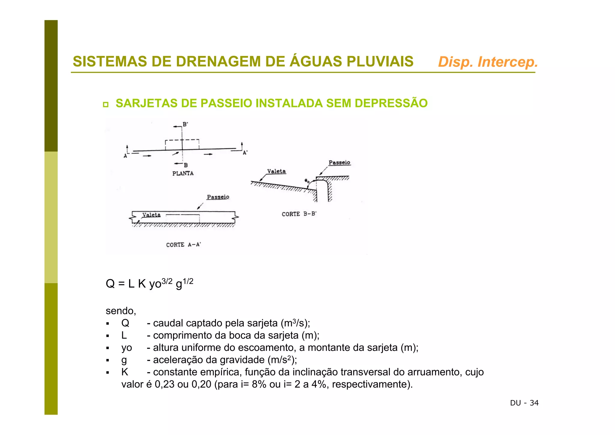 DU - 34
SISTEMAS DE DRENAGEM DE ÁGUAS PLUVIAIS
SARJETAS DE PASSEIO INSTALADA SEM DEPRESSÃO
Q = L K yo3/2 g1/2
sendo,
Q - caudal captado pela sarjeta (m3/s);
L - comprimento da boca da sarjeta (m);
yo - altura uniforme do escoamento, a montante da sarjeta (m);
g - aceleração da gravidade (m/s2);
K - constante empírica, função da inclinação transversal do arruamento, cujo
valor é 0,23 ou 0,20 (para i= 8% ou i= 2 a 4%, respectivamente).
Disp. Intercep.
 