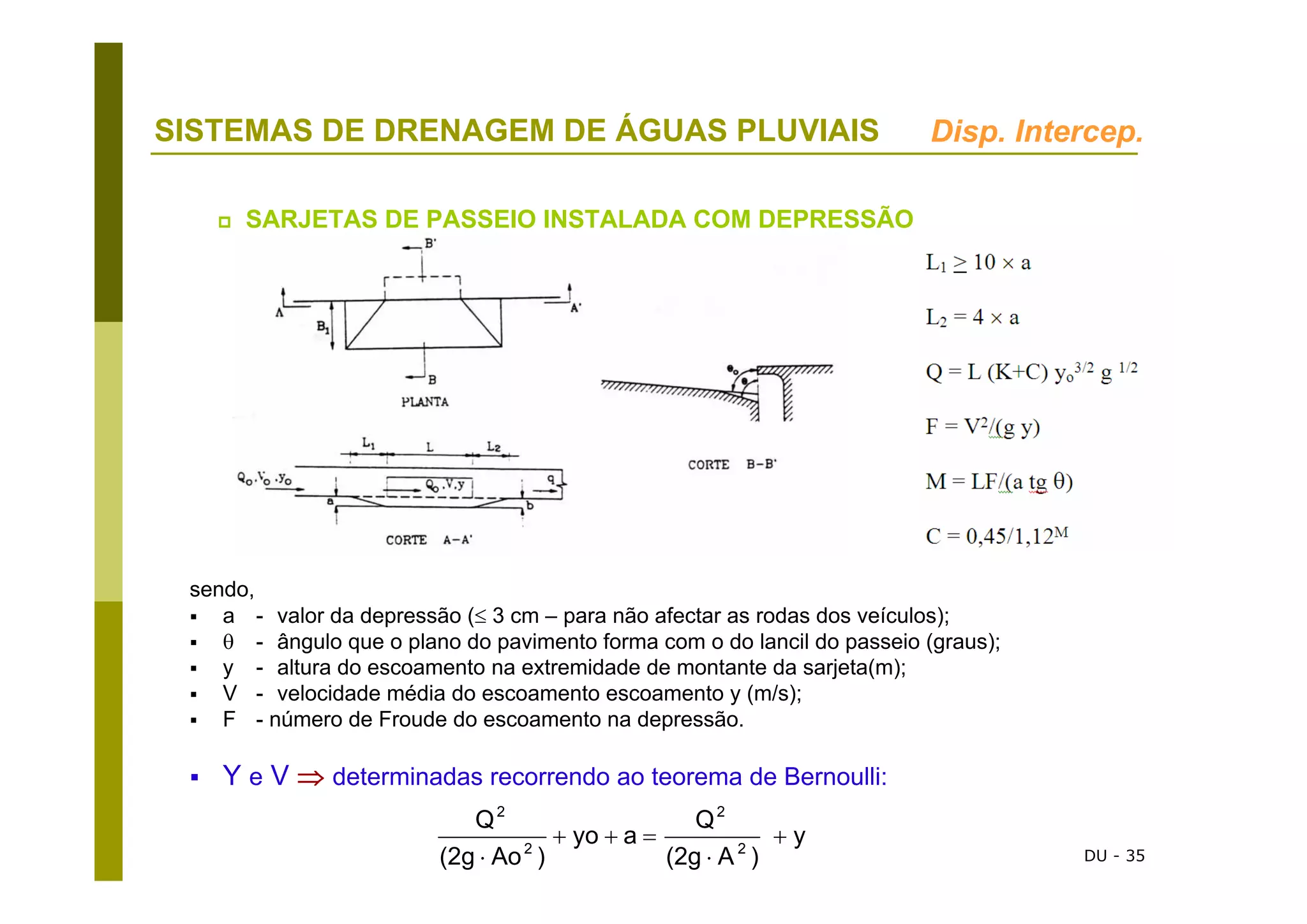 DU - 35
SISTEMAS DE DRENAGEM DE ÁGUAS PLUVIAIS
SARJETAS DE PASSEIO INSTALADA COM DEPRESSÃO
sendo,
a - valor da depressão (≤ 3 cm – para não afectar as rodas dos veículos);
θ - ângulo que o plano do pavimento forma com o do lancil do passeio (graus);
y - altura do escoamento na extremidade de montante da sarjeta(m);
V - velocidade média do escoamento escoamento y (m/s);
F - número de Froude do escoamento na depressão.
Y e V ⇒ determinadas recorrendo ao teorema de Bernoulli:
y
)A(2g
Q
ayo
)Ao(2g
Q
2
2
2
2
+
⋅
=++
⋅
Disp. Intercep.
 