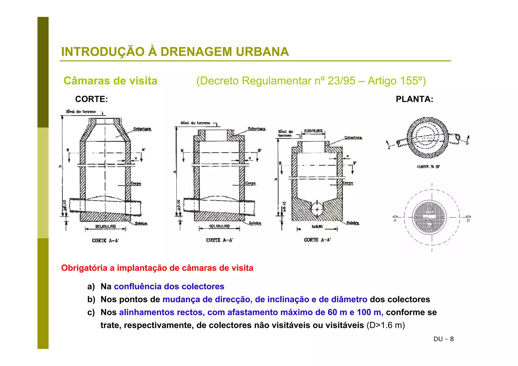DU - 8
INTRODUÇÃO À DRENAGEM URBANA
Obrigatória a implantação de câmaras de visita
a) Na confluência dos colectores
b) Nos pontos de mudança de direcção, de inclinação e de diâmetro dos colectores
c) Nos alinhamentos rectos, com afastamento máximo de 60 m e 100 m, conforme se
trate, respectivamente, de colectores não visitáveis ou visitáveis (D>1.6 m)
Câmaras de visita (Decreto Regulamentar nº 23/95 – Artigo 155º)
CORTE: PLANTA:
 