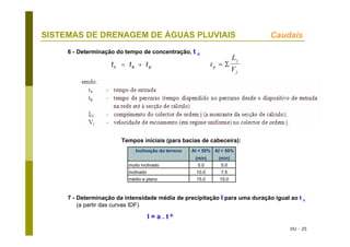 DU - 25
SISTEMAS DE DRENAGEM DE ÁGUAS PLUVIAIS Caudais
Inclinação do terreno AI < 50% AI > 50%
(min) (min)
muito inclinado 5.0 5.0
inclinado 10.0 7.5
médio e plano 15.0 10.0
Tempos iniciais (para bacias de cabeceira):
7 - Determinação da intensidade média de precipitação I para uma duração igual ao t c
(a partir das curvas IDF)
I = a . t b
6 - Determinação do tempo de concentração, t c
pec ttt += t
L
Vp
j
j
= Σ
 