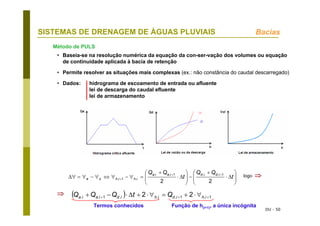 DU - 50
SISTEMAS DE DRENAGEM DE ÁGUAS PLUVIAIS Bacias
Método de PULS
• Baseia-se na resolução numérica da equação da con-ser-vação dos volumes ou equação
de continuidade aplicada à bacia de retenção
• Permite resolver as situações mais complexas (ex.: não constância do caudal descarregado)
• Dados: hidrograma de escoamento de entrada ou afluente
lei de descarga do caudal efluente
lei de armazenamento
⎟
⎟
⎠
⎞
⎜
⎜
⎝
⎛
Δ⋅
+
−⎟
⎟
⎠
⎞
⎜
⎜
⎝
⎛
Δ⋅
+
=∀−∀⇔∀−∀=∀Δ
++
+ t
QQ
t
QQ ididiaia
ihihse
22
1,,1,,
,1,
( ) 1,1,,,1,, 22 +++ ∀⋅+=∀⋅+Δ⋅−+ ihidihidiaia QtQQQ
logo ⇒
⇒
Termos conhecidos Função de h(i+1), a única incógnita
 
