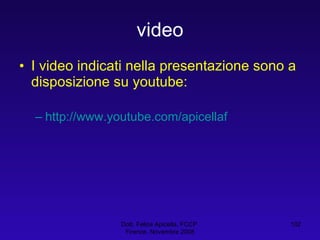 video I video indicati nella presentazione sono a disposizione su youtube: http://www.youtube.com/apicellaf   Dott. Felice Apicella, FCCP  Firenze, Novembre 2008 