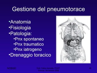 Gestione del pneumotorace Dott. Felice Apicella, FCCP  Firenze, Novembre 2008 Anatomia Fisiologia Patologia: Pnx spontaneo Pnx traumatico Pnx iatrogeno Drenaggio toracico NOSGD 