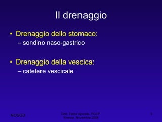 Il drenaggio Drenaggio dello stomaco:  sondino naso-gastrico Drenaggio della vescica:  catetere vescicale  Dott. Felice Apicella, FCCP  Firenze, Novembre 2008 NOSGD 