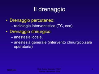 Il drenaggio Drenaggio percutaneo:  radiologia interventistica (TC, eco) Drenaggio chirurgico:  anestesia locale,  anestesia generale (intervento chirurgico,sala operatoria) Dott. Felice Apicella, FCCP  Firenze, Novembre 2008 NOSGD 