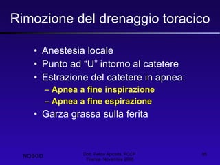 Rimozione del drenaggio toracico Anestesia locale Punto ad “U” intorno al catetere Estrazione del catetere in apnea: Apnea a fine inspirazione Apnea a fine espirazione Garza grassa sulla ferita Dott. Felice Apicella, FCCP  Firenze, Novembre 2008 NOSGD 
