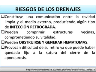 Constituye una comunicación entre la cavidad
limpia y el medio externo, produciendo algún tipo
de INFECCIÓN RETROGRADA.
Pueden comprimir estructuras vecinas,
comprometiendo su vitalidad.
Pueden OBSTRUIRSE Y GENERAR HEMATOMAS.
Provocan dificultad de su retiro ya que puede haber
quedado fijo a la sutura del cierre de la
aponeurosis.
RIESGOS DE LOS DRENAJES
http://www.revistaamc.sld.cu/index.php/amc/article/view/3223/1533
 