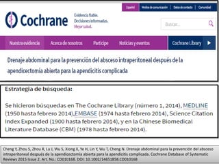 Cheng Y, Zhou S, Zhou R, Lu J, Wu S, Xiong X, Ye H, Lin Y, Wu T, Cheng N. Drenaje abdominal para la prevención del absceso
intraperitoneal después de la apendicectomía abierta para la apendicitis complicada. Cochrane Database of Systematic
Reviews 2015 Issue 2. Art. No.: CD010168. DOI: 10.1002/14651858.CD010168
 