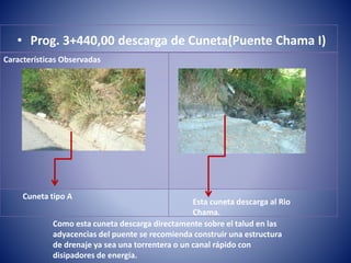 Características Observadas
• Prog. 3+440,00 descarga de Cuneta(Puente Chama I)
Cuneta tipo A
Esta cuneta descarga al Rio
Chama.
Como esta cuneta descarga directamente sobre el talud en las
adyacencias del puente se recomienda construir una estructura
de drenaje ya sea una torrentera o un canal rápido con
disipadores de energía.
 