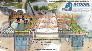 Método racional, para determinar el
caudal aportante a un sistema de
drenaje vial superficial.
Realizado por : Fabiola Castellano Ruiz
C.I 17341963
Ing. Civil “42”
Mérida, 1 de mayo del 2018
Instituto Universitario Politécnico Santiago Mariño
 