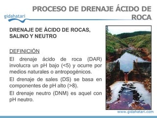 DRENAJE DE ÁCIDO DE ROCAS,
SALINO Y NEUTRO
DEFINICIÓN
El drenaje ácido de roca (DAR)
involucra un pH bajo (<5) y ocurre por
medios naturales o antropogénicos.
El drenaje de sales (DS) se basa en
componentes de pH alto (>8).
El drenaje neutro (DNM) es aquel con
pH neutro.
PROCESO DE DRENAJE ÁCIDO DE
ROCA
 