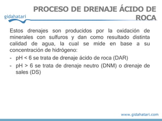 Estos drenajes son producidos por la oxidación de
minerales con sulfuros y dan como resultado distinta
calidad de agua, la cual se mide en base a su
concentración de hidrógeno:
- pH < 6 se trata de drenaje ácido de roca (DAR)
- pH > 6 se trata de drenaje neutro (DNM) o drenaje de
sales (DS)
PROCESO DE DRENAJE ÁCIDO DE
ROCA
 