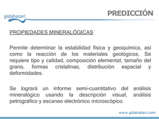 PROPIEDADES MINERALÓGICAS
Permite determinar la estabilidad física y geoquímica, así
como la reacción de los materiales geológicos. Se
requiere tipo y calidad, composición elemental, tamaño del
grano, formas cristalinas, distribución espacial y
deformidades.
Se logrará un informe semi-cuantitativo del análisis
mineralógico usando la descripción visual, análisis
petrográfico y escaneo electrónico microscópico.
PREDICCIÓN
 